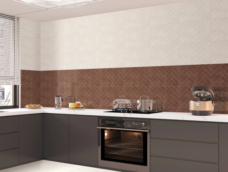 Contemporary L shape kitchen design with dark cabinets, herringbone tiles, and modern appliances.